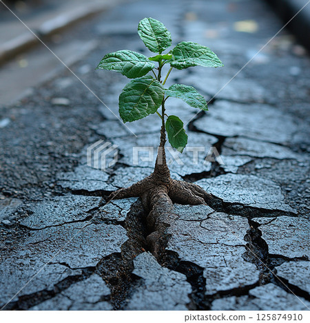 A resilient young plant pushes through cracked pavement, representing growth and the power of nature. A resilient young plant pushes through cracked pavement, representing growth and the power of nature. 125874910