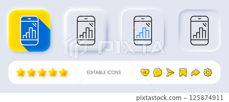 Graph phone line icon. Neumorphic, Flat shadow, 3d buttons. Column chart sign. Growth diagram symbol. Line graph phone icon. Social media icons. Vector 125874911