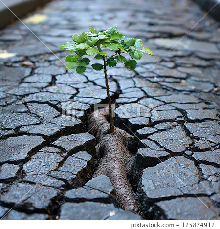 A small green plant growing through a cracked road, a symbol of strength and hope. 125874912