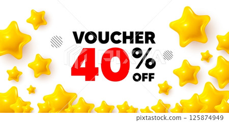 Coupon winner banner with 3d stars. Golden stars banner. Voucher 40 percent off sale. Special offer coupon sign. Black friday discount symbol. Review rate background. Vector 125874949