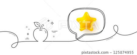 Apple line icon. Continuous line with 3d star. Fresh fruit sign. Natural food symbol. 3d star in speech bubble. Apple single line ribbon. Loop curve pattern. Vector 125874955
