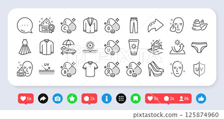 Health skin, Pants and Uv protection line icons pack. Social media: share, comment, like icons. Folate vitamin, Cream, Sunscreen web icon. Biotin vitamin, Shoes, Suit pictogram. Vector Health skin, Pants and Uv protection line icons pack. Social media: share, comment, like icons. Folate vitamin, Cream, Sunscreen web icon. Biotin vitamin, Shoes, Suit pictogram. Vector 125874960