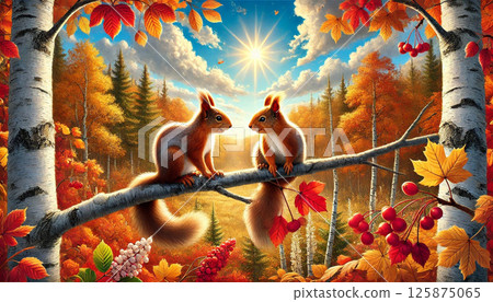 白樺樹枝上的兩隻松鼠,秋葉 白樺樹枝上的兩隻松鼠,秋葉 125875065