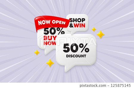Discount speech bubbles. Now open flag ribbon. 50 percent discount tag. Sale offer price sign. Special offer symbol. Discount chat bubbles with 3d sparkles. Vector 125875145