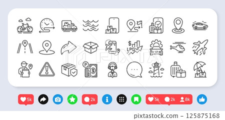 Time schedule, Parking payment and Car service line icons pack. Social media: share, comment, like icons. Baggage, Plane, Helicopter web icon. Delivery man, Car, Parcel insurance pictogram. Vector Time schedule, Parking payment and Car service line icons pack. Social media: share, comment, like icons. Baggage, Plane, Helicopter web icon. Delivery man, Car, Parcel insurance pictogram. Vector 125875168