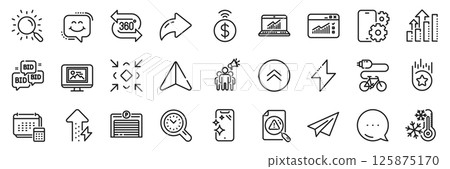 Electric bike, Photo thumbnail and 360 degree line icons pack. Share, Message, Paper plane icons. Smile chat, Phone service, Freezing web icon. Vector Electric bike, Photo thumbnail and 360 degree line icons pack. Share, Message, Paper plane icons. Smile chat, Phone service, Freezing web icon. Vector 125875170