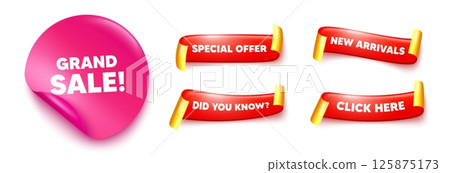 Grand sale sticker, offer ribbons. New arrivals, Click here. Grand sale tag. Special offer price sign. Advertising discounts symbol. Pink sticker tag. Flag ribbon banners. Vector Grand sale sticker, offer ribbons. New arrivals, Click here. Grand sale tag. Special offer price sign. Advertising discounts symbol. Pink sticker tag. Flag ribbon banners. Vector 125875173