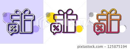 Sale gift line icon. Halftone dotted pattern. Gradient icon with grain shadow. Discount offer sign. Promotion price symbol. Line sale gift icon. Various designs. Vector 125875194