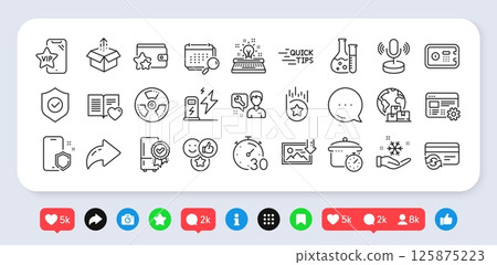 Freezing, Download photo and Safe box line icons pack. Social media: share, comment, like icons. Send box, Typewriter, Charging station web icon. Chemical hazard, Timer, Calendar pictogram. Vector 125875223