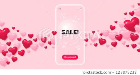Sale glass mobile phone. 3d hearts pink background. Sale promotion tag. Special offer price sign. Advertising Discounts symbol. Transparent speech bubble banner. Flying hearts. Vector 125875232