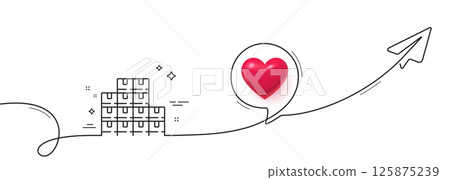 Wholesale inventory line icon. Continuous line with share plane. Warehouse boxes sign. Logistic goods symbol. 3d heart in speech bubble. Wholesale inventory single line ribbon. Vector 125875239