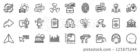 Search employee, Bar diagram and Idea line icons pack. Share, Message, Paper plane icons. Quick tips, Court building, Chemical hazard web icon. Vector 125875244