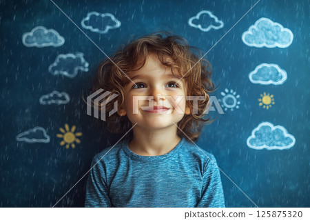 Smiling child with curly hair stands against a blue background with chalk-drawn clouds and suns. 125875320