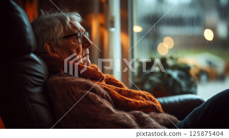 Elderly man with glasses and scarf sits on a chair, looking out a rainy window with blurred lights. Concept of contemplation and solitude. For a retirement lifestyle photo. Elderly man with glasses and scarf sits on a chair, looking out a rainy window with blurred lights. Concept of contemplation and solitude. For a retirement lifestyle photo. 125875404
