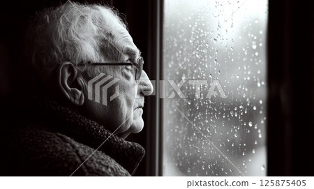 Elderly man gazing out a rain-speckled window in contemplation. Concept of solitude and reflection. For articles on aging or introspection. Elderly man gazing out a rain-speckled window in contemplation. Concept of solitude and reflection. For articles on aging or introspection. 125875405