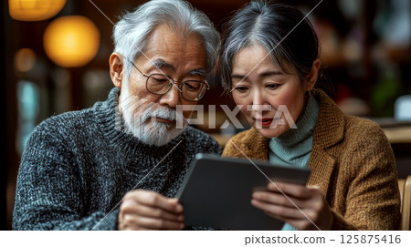 Elderly couple sitting at a table, looking intently at a tablet screen indoors. Concept of digital engagement. For technology usage photo. 125875416