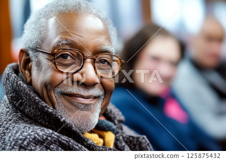 Elderly man with glasses smiles warmly, seated in a cozy environment with people in the background. Concept of warmth and friendliness. For greeting card design. 125875432