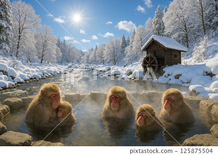 猴子和它們的寶寶在河邊的溫泉洗澡 猴子和它們的寶寶在河邊的溫泉洗澡 125875504