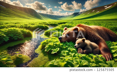 A mother and her cub on a vast plain of young leaves and fresh greenery 125875505