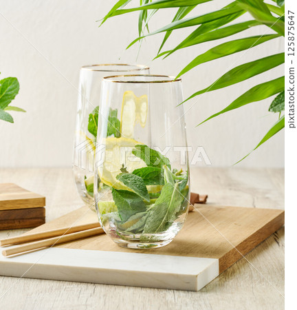 Preparing a refreshing drink. Two glasses filled with fresh lemon slices and mint leaves on a wooden board 125875647