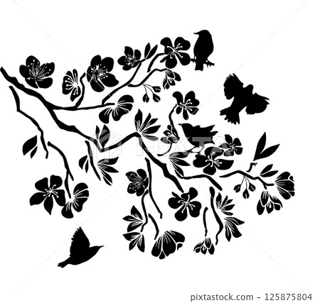 Silhouettes of flying birds on a sakura branch. Wall sticker. hand drawing. Not AI. Vector illustration 125875804