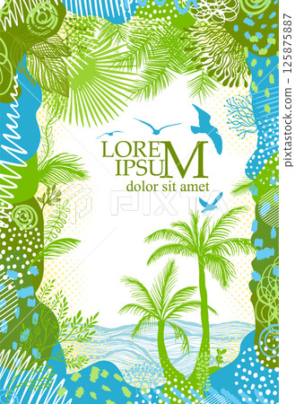 Tropic background frame sea and palm trees. hand drawn. Not AI, Vector illustration 125875887