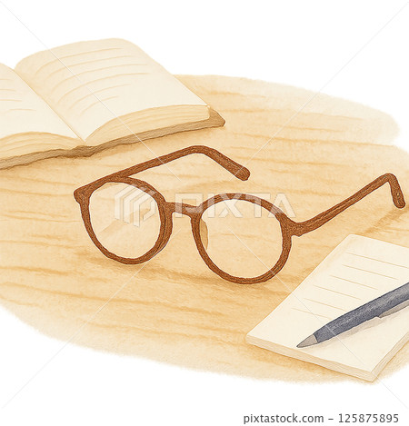 閱讀場景的水彩靜物（眼鏡、筆記本、書本、鋼筆） 125875895