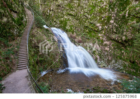 Majestic Allerheiligen Waterfalls: Serene Long Exposure Cascade in Black Forest National Park Germany. Scenic Forest Stream Flows Through Lush Greenery and Moss Covered Rocks Creating Ethereal Majestic Allerheiligen Waterfalls: Serene Long Exposure Cascade in Black Forest National Park Germany. Scenic Forest Stream Flows Through Lush Greenery and Moss Covered Rocks Creating Ethereal 125875968