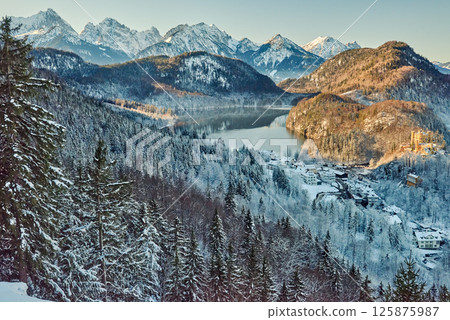View of snowy mountain landscape with lake and mountains near Neuschwanstein Castle, capturing early morning light in beautiful winter area, showcasing detailed high-quality photograph of icy 125875987