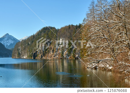 Serene Mountainous Lakeside Scene with Calm Reflective Lake, Snow-Dusted Peaks, and Evergreen Trees Under Clear Blue Skies, Featuring a Lone Bird Gliding on Water and a Rocky Cliff with Patches of 125876088