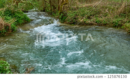 Turquoise Blue Stream Flowing Through Lush Greenery with White Water Rapids in Serene Natural Setting. 125876130