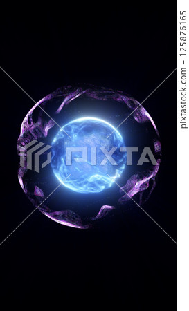 Bright core of glowing blue energy orb encased in a dark void with ethereal purple liquid strands swirling around 125876165