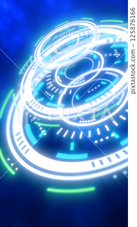 Abstract glowing digital interface with circular HUD elements in white, green, and blue against a deep blue background Abstract glowing digital interface with circular HUD elements in white, green, and blue against a deep blue background 125876166