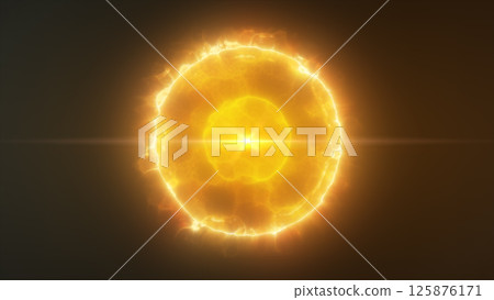 Bright yellow energy sphere emitting glowing plasma waves and central light core on a dark background Bright yellow energy sphere emitting glowing plasma waves and central light core on a dark background 125876171