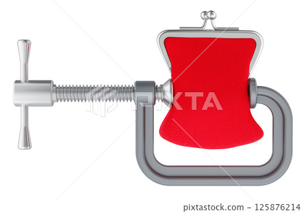 C clamp with coin purse. Financial crisis or recession concept. 3D rendering C clamp with coin purse. Financial crisis or recession concept. 3D rendering 125876214