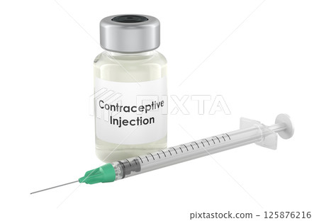 Contraceptive injection, vial and syringe. 3D rendering 125876216