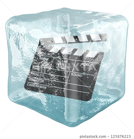 Pause in filming, cinema production freeze concept. Clapperboard frozen in ice cube, 3D rendering 125876223