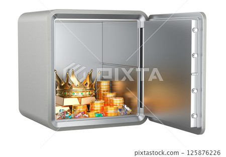 Safe box with Treasures. Golden Crown, gold ingots, colored gems and golden coins, 3D rendering Safe box with Treasures. Golden Crown, gold ingots, colored gems and golden coins, 3D rendering 125876226