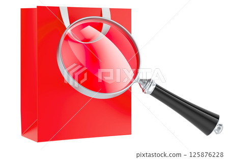 Shopping bag with loupe. 3D rendering Shopping bag with loupe. 3D rendering 125876228