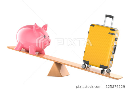 Travel or savings, concept. Piggy bank and suitcase  on balance scale. 3D rendering 125876229