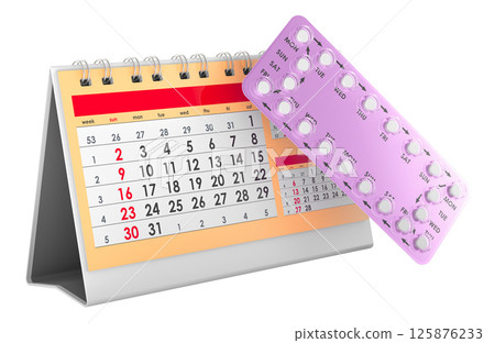 Birth control pills with desk calendar, 3D rendering 125876233
