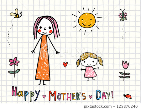 Cute Mother's Day Hand Drawn Stick Figures Greeting Card with Childish Drawings, Mom and Daughter Simple Children Drawings Background 125876240