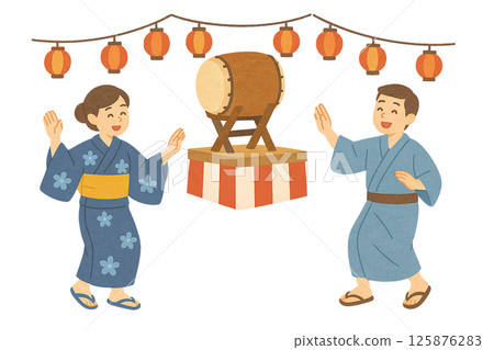 盂蘭盆舞插畫(身著浴衣、手持燈籠和鼓的男女) 盂蘭盆舞插畫(身著浴衣、手持燈籠和鼓的男女) 125876283