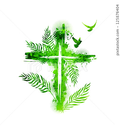 Cross with palm leaves. hand drawn. Not AI, Vector 125876404