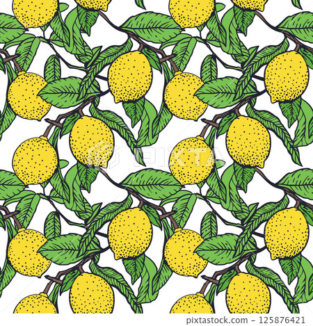 Lemon branch seamless pattern. Yellow fruits and green leaves. Hand drawn vector illustration. For food and cosmetic labels, jam, lemonade, wrapping paper, textile, fabric, covers, wallpaper. Lemon branch seamless pattern. Yellow fruits and green leaves. Hand drawn vector illustration. For food and cosmetic labels, jam, lemonade, wrapping paper, textile, fabric, covers, wallpaper. 125876421