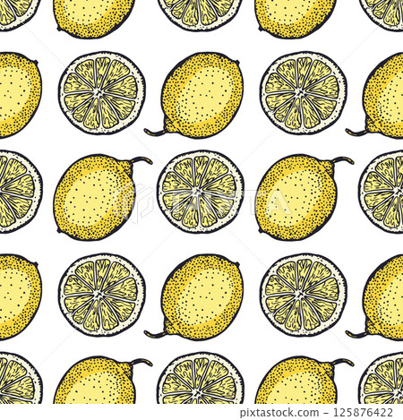 Lemons seamless pattern. Yellow fruits whole and slice. Hand drawn vector illustration. For food and cosmetic labels, jam, lemonade, wrapping paper, textile, fabric, covers, wallpaper. Lemons seamless pattern. Yellow fruits whole and slice. Hand drawn vector illustration. For food and cosmetic labels, jam, lemonade, wrapping paper, textile, fabric, covers, wallpaper. 125876422