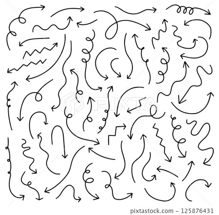 Simple black vector arrow set, hand drawn curvy doodle graphic design elements Simple black vector arrow set, hand drawn curvy doodle graphic design elements 125876431