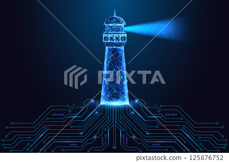 Digital guidance and smart navigation concept with glowing lighthouse and circuit board, vector  125876752