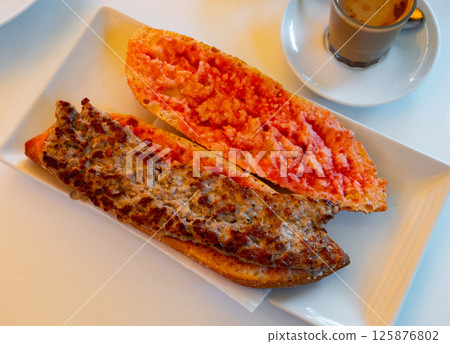 Bologna sandwich on white plate Bologna sandwich on white plate 125876802