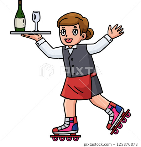Female Inline Skates Waiter Cartoon Clipart  125876878